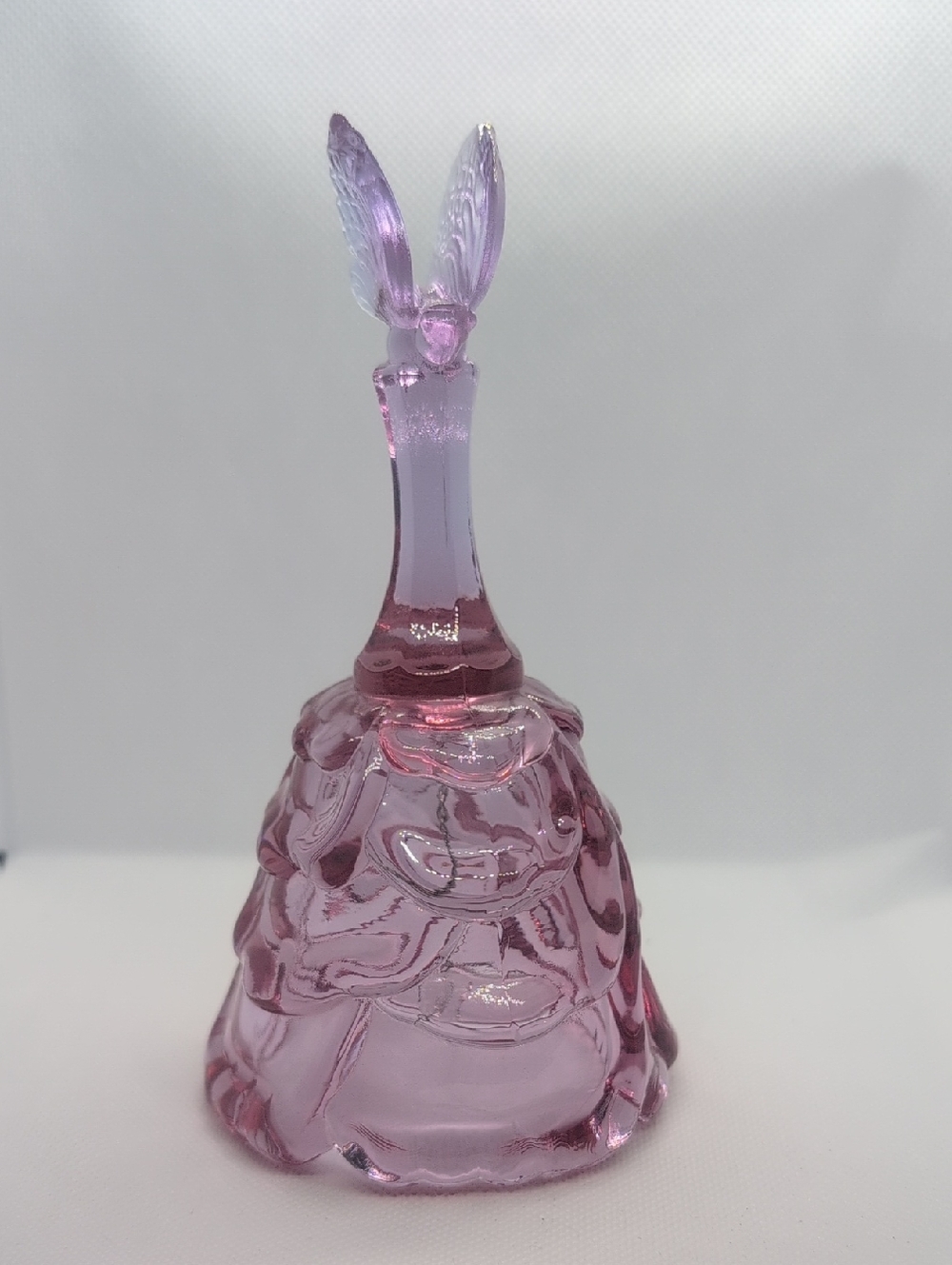 Vintage Fenton Rose pink Glass Draped Bell With Butterfly Finial